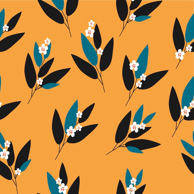 Seamless pattern with doodle branches and white flowers