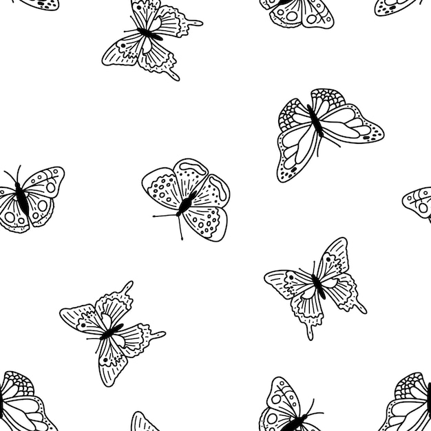 Бесшовный рисунок с бабочками-каракулями Ручной рисунок векторного фона с иллюстрацией линии насекомых энтомологической коллекцией
