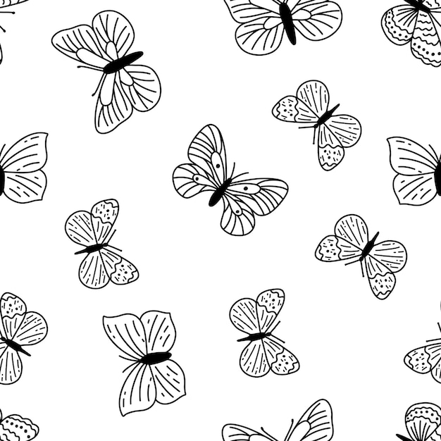 Seamless pattern with doodle butterflies Hand drawn vector background with insects line illustration entomological collection