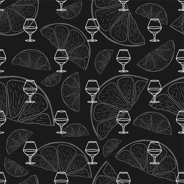 Vector seamless pattern with doodle cognac or brandy glass and slice of lemon citrus