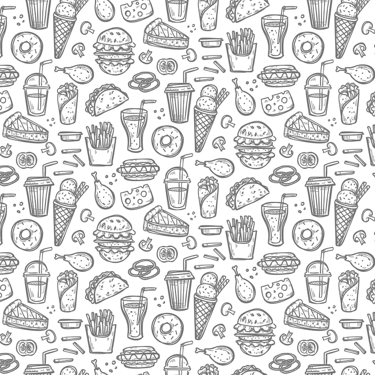 Vector seamless pattern with doodle fast food symbols.