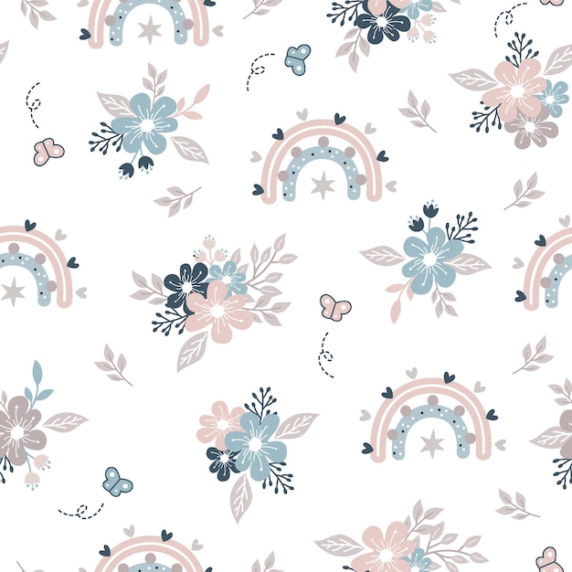 Vector seamless pattern with doodle flowers and boho rainbow design for scrapbooking decoration cards p