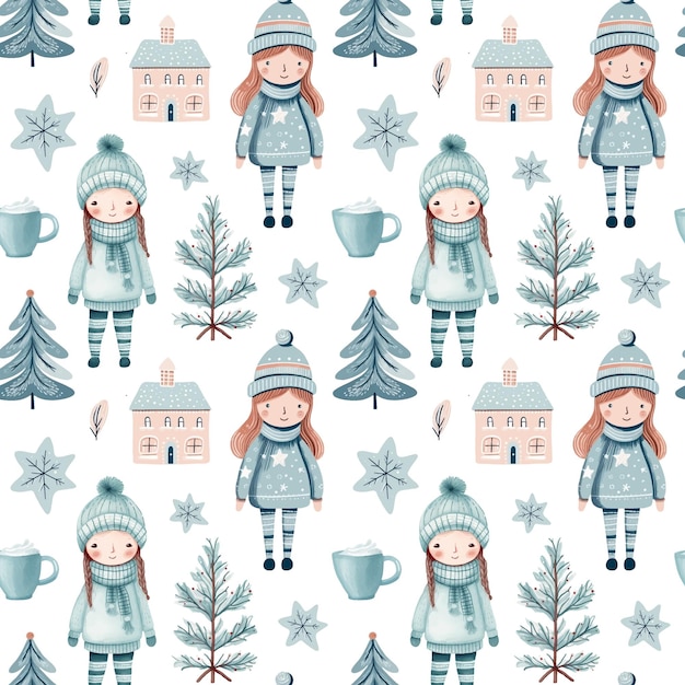 Бесшовный узор с чашкой девочек-каракулей и елкой Векторные рождественские элементы ручной работы Зимний фон