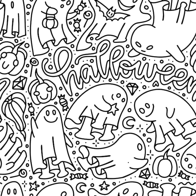 Seamless pattern with doodle illustration of ghosts on a white background with hand drawn lettering