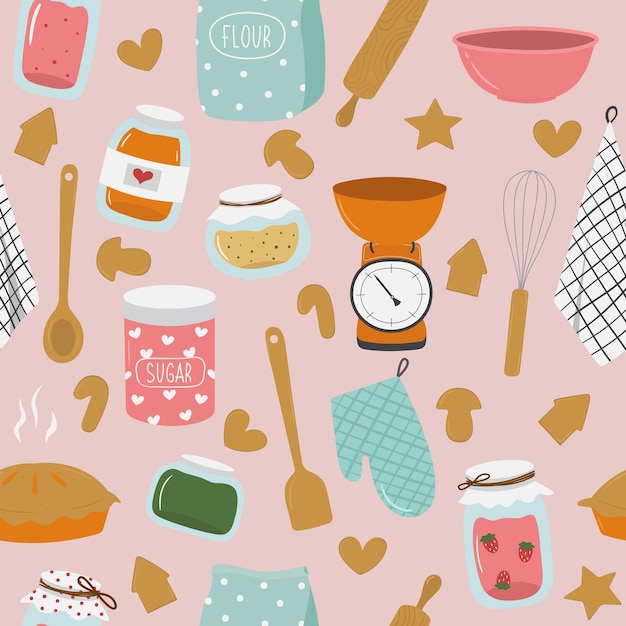 Seamless pattern with doodle kitchen and baking tools in retro style