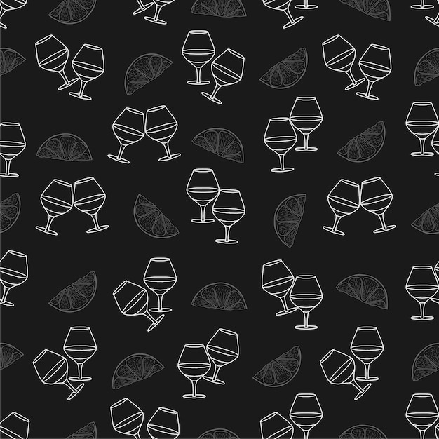 Seamless pattern with doodle pair of cognac or brandy glasses and slice of lemon citrus