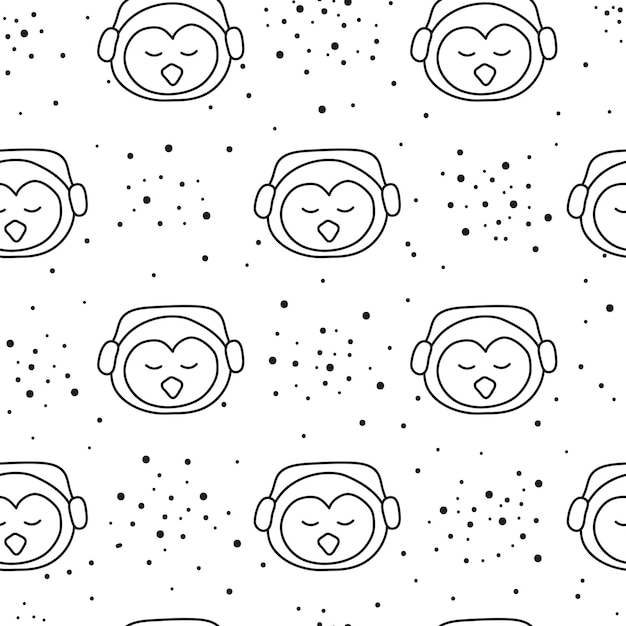 Seamless pattern with doodle pinguin faces