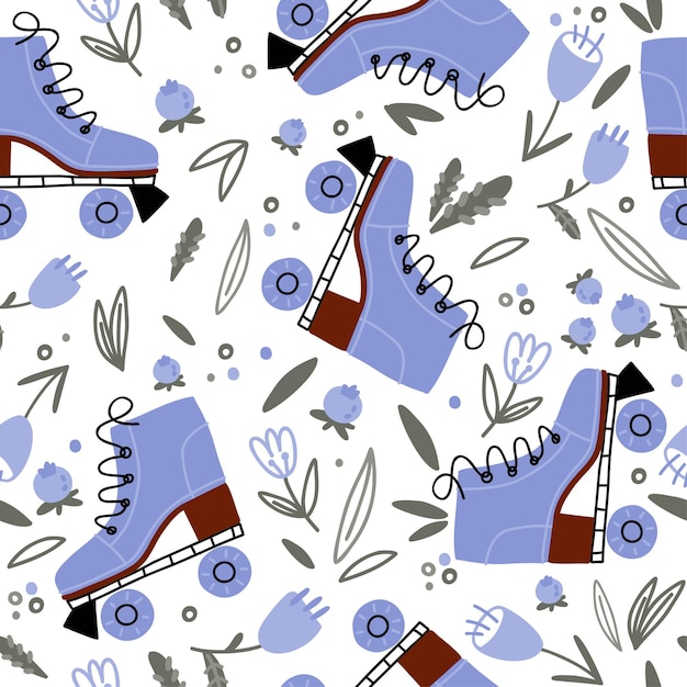 Seamless pattern with doodle roller skates summer flowers leaves and berries