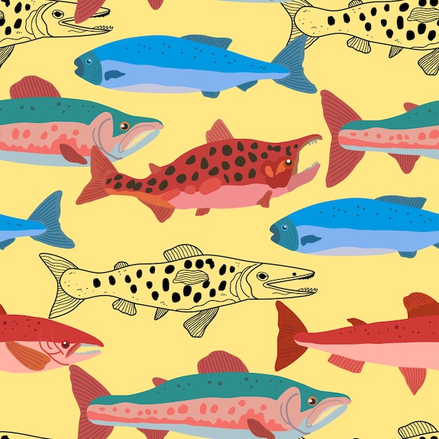 Vector seamless pattern with doodle salmon fish in modern original trendy style colorful vivid print for design vector hand drawn illustration