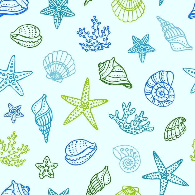 Seamless pattern with doodle seashells corals and starfishes