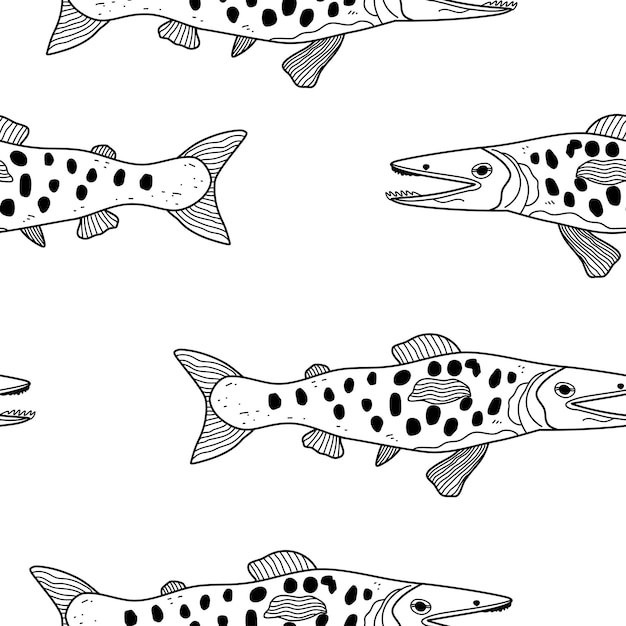 Бесперебойный рисунок с рисунком улыбающейся рыбы, нарисованный вручную линейным рисунком, векторной иллюстрацией