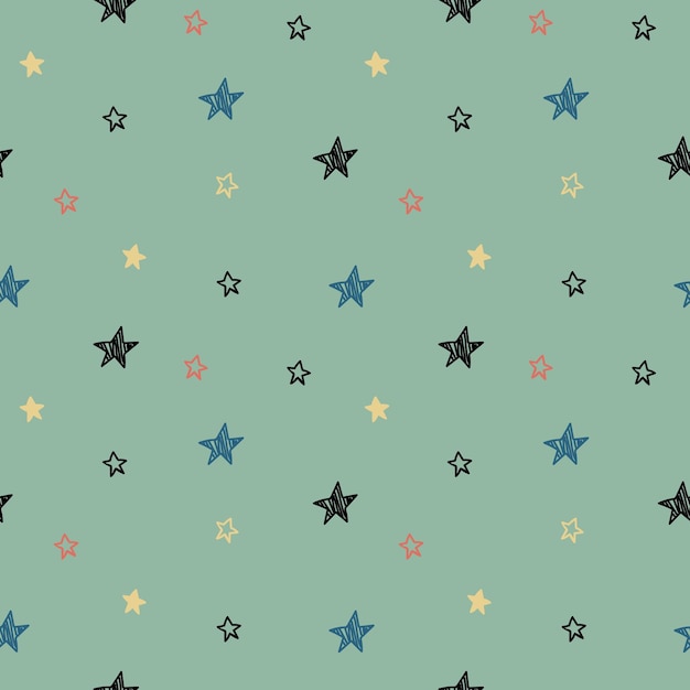 Seamless pattern with doodle stars on green background Childish simple picture for kids textiles