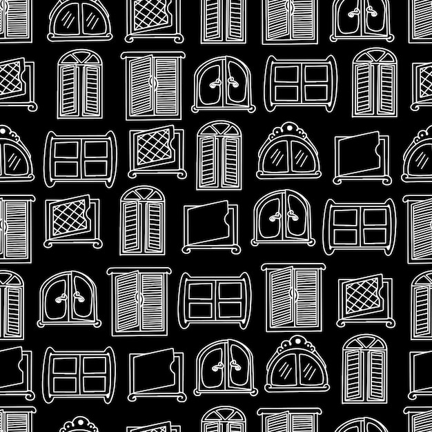 Seamless pattern with doodle style windows on a black background