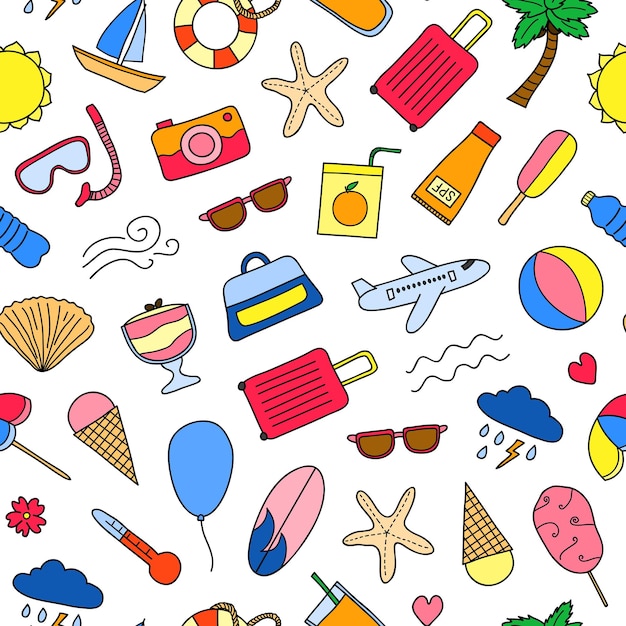 Seamless pattern with doodle summer items