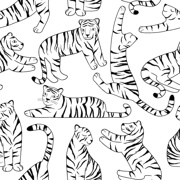 Бесшовный фон с тиграми каракули. симпатичные тигры в разных позах. дизайн для упаковки, ткани, фона. векторные иллюстрации, изолированные на белом фоне.