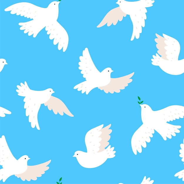 Seamless pattern with doves on a blue background