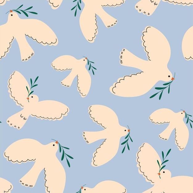 Seamless pattern with doves Doves with a twig Doves of peace Peace and tranquility For paper