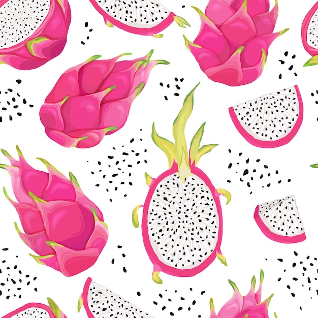 Seamless pattern with dragon fruits, pitaya background. Hand drawn vector illustration in watercolor style for summer romantic cover, tropical wallpaper, vintage texture