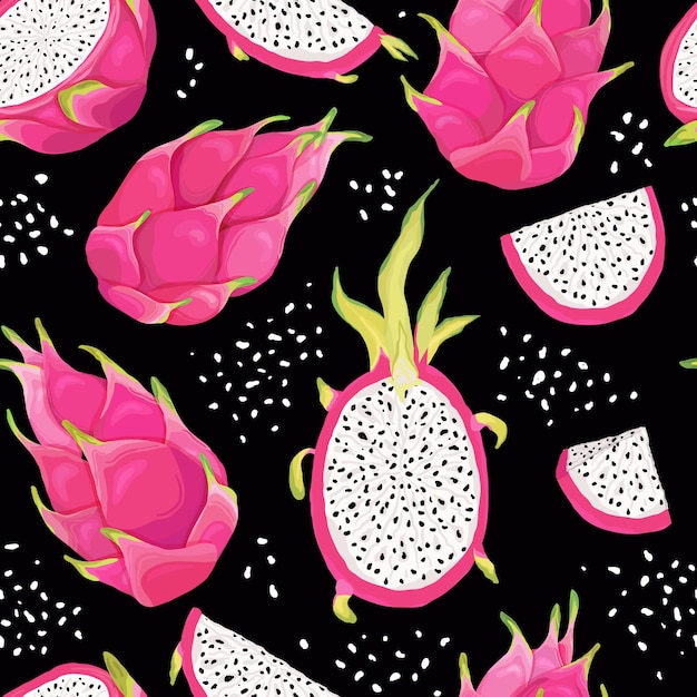 Modello senza cuciture con frutti del drago, sfondo pitaya. illustrazione vettoriale disegnata a mano in stile acquerello per copertina romantica estiva, carta da parati tropicale, texture vintage