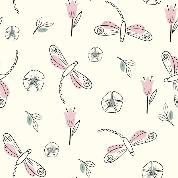 Seamless pattern with dragonflies and ginkgo leaves