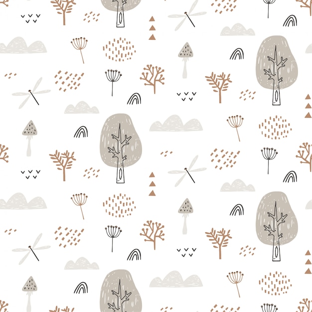 Seamless pattern with dragonfly, clouds, trees. Hand drawn forest pattern is endlessly repeating.