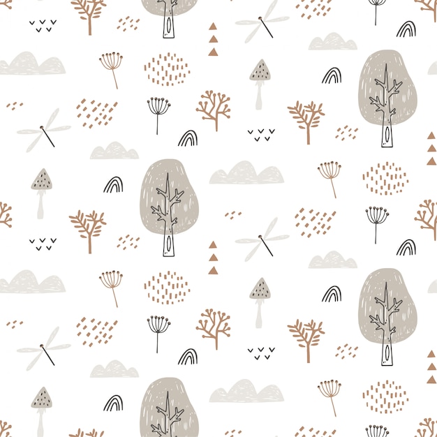 Seamless pattern with dragonfly, clouds, trees. hand drawn forest pattern is endlessly repeating.