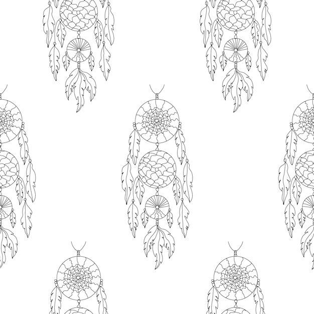 Vector seamless pattern with dreamcatcher with spiderweb threads beads and feathers in boho style