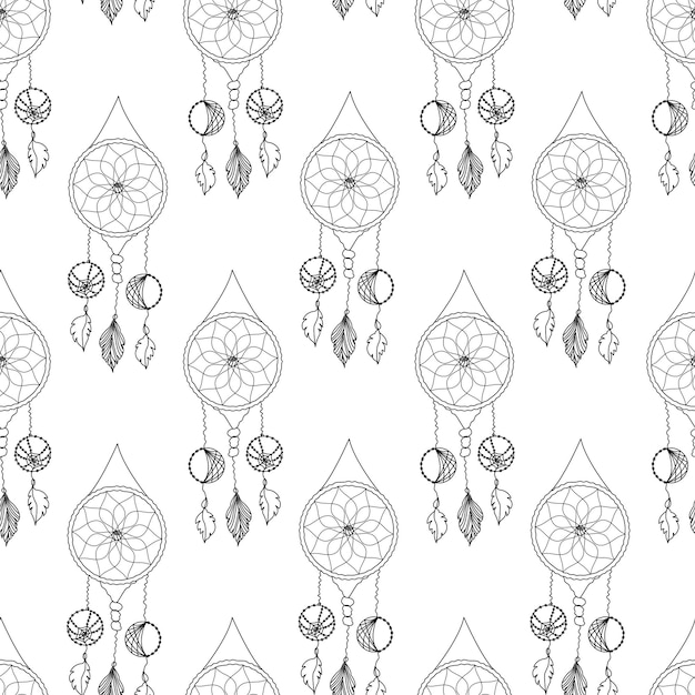 Seamless pattern with dreamcatcher with spiderweb threads beads and feathers in boho style