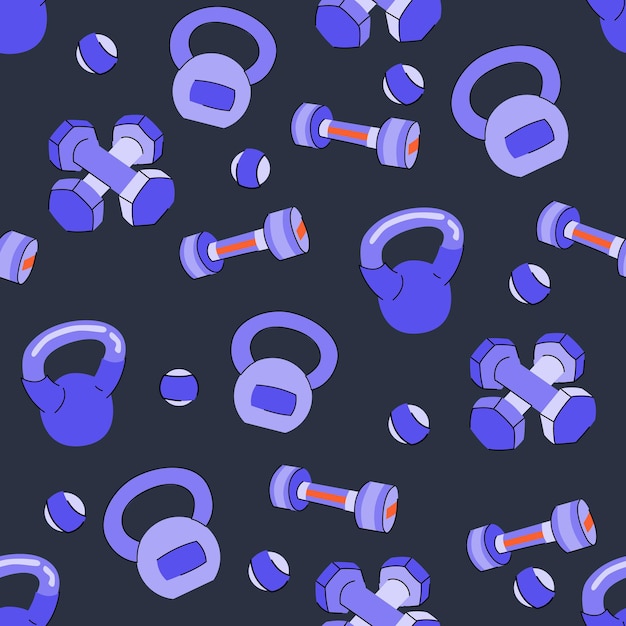 Vector seamless pattern with dumbbells and balls sport equipment healthy lifestyle concept