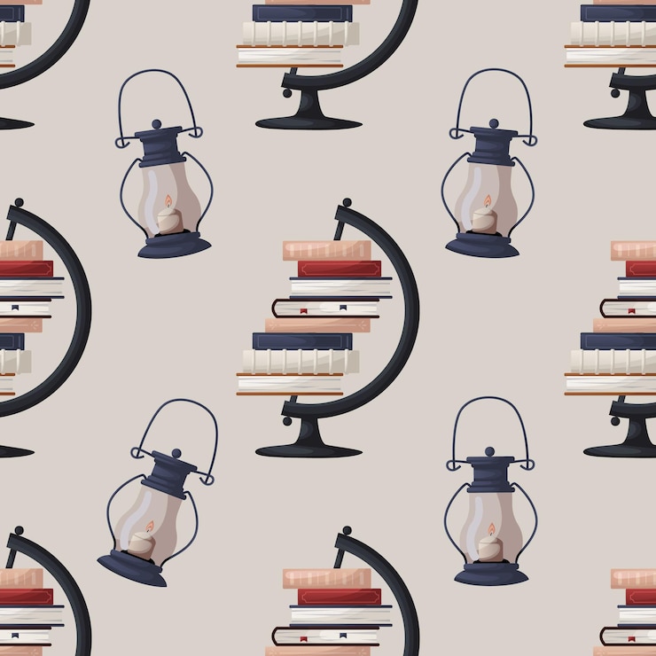 Vector seamless pattern with earth globe with stack of books old lantern candle book heap bookstore