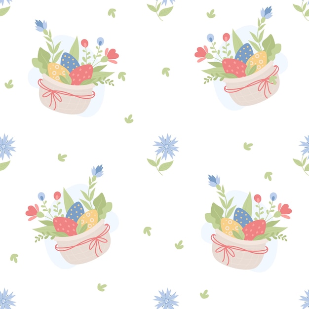 Seamless pattern with Easter basket and eggs on white background Botanical floral pattern