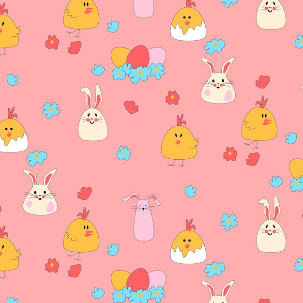 Vector seamless pattern with easter chickens hares eggs in a nest flowers on a pink background for baby