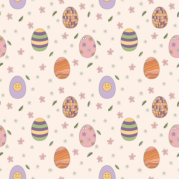 Вектор Бесшовный узор с пасхальными яйцами и цветами