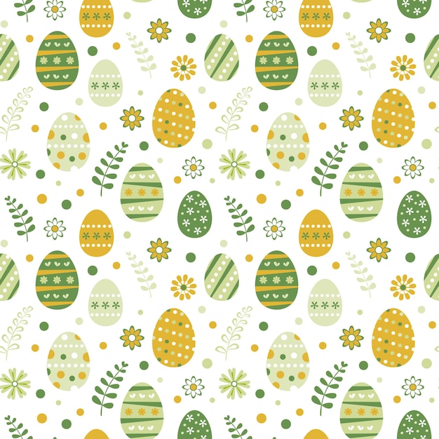 Vector seamless pattern with easter eggs and flowers in flat style.