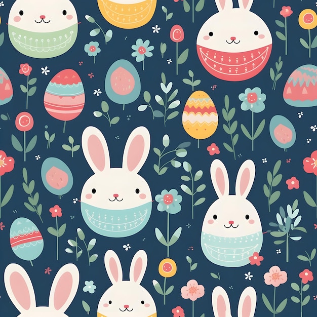 Seamless pattern with easter eggs rabbits and flowers pascua celebration