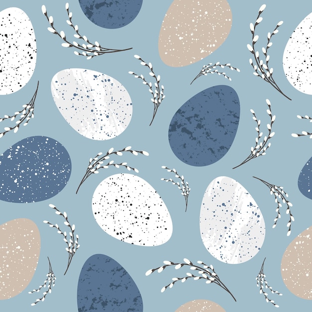 Seamless pattern with easter eggs willow sprigs holy easter celebration background in blue colors