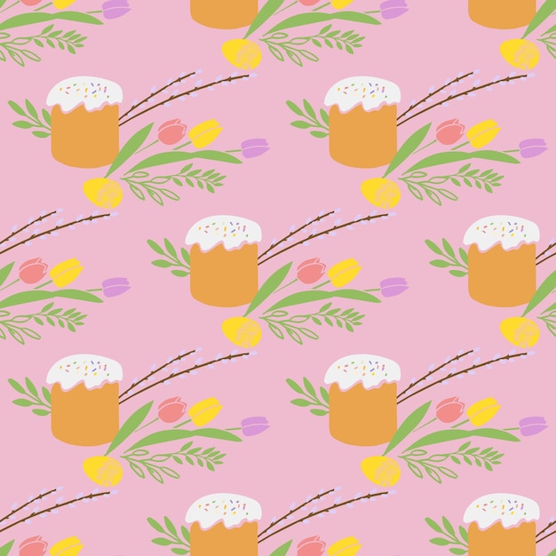 Seamless pattern with Easter illustration Easter cake egg and spring flowers on pink background