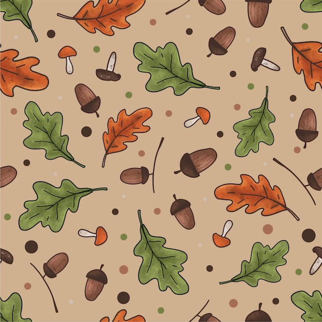 Seamless pattern with edible mushrooms acorns and tree leaves