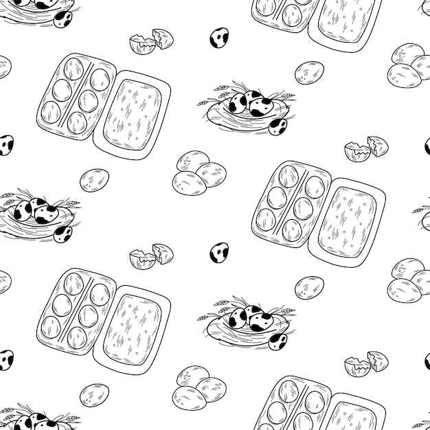 Seamless pattern with egg motif. Chicken eggs in a package, quail eggs in a nest in line art style.
