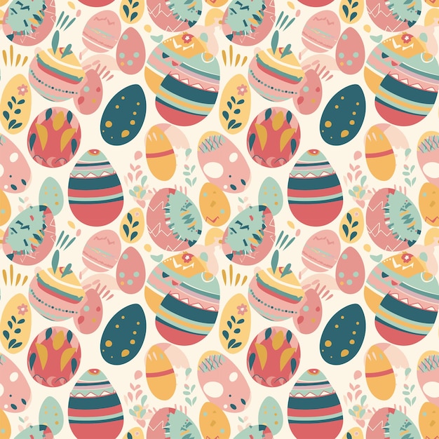 Seamless pattern with eggs and flowers on a white background