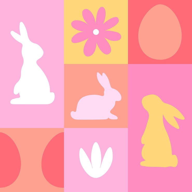 Vector seamless pattern with eggs rabbits and flowers on a background of colorful blocks