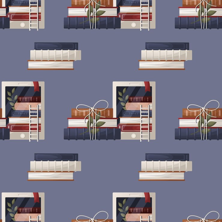 Vector seamless pattern with electronic ebook reader stack of books bow plant bookstore bookshop