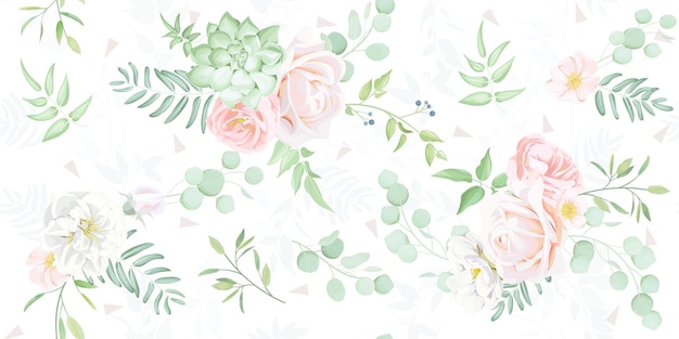 Seamless pattern with elegant greenery and beautiful roses