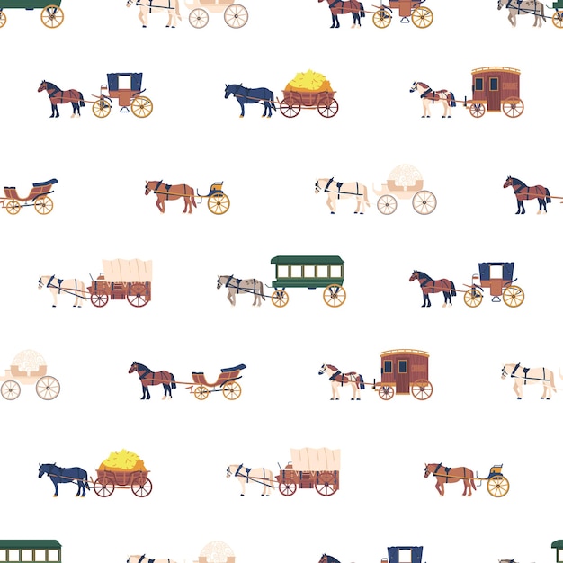 Seamless Pattern With Elegant Horsedrawn Vehicles Showcasing A Nostalgic And Sophisticated Design Perfect For Adding A Touch Of Vintage Charm To Various Products Cartoon Vector Illustration