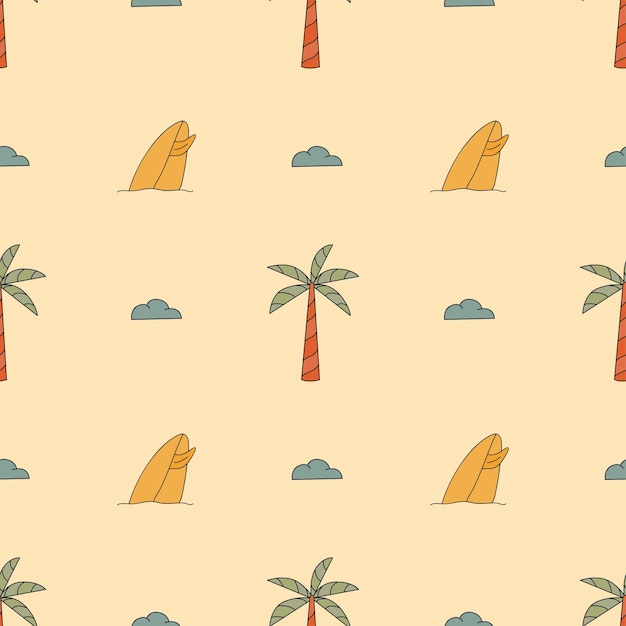 Seamless pattern with elements for surfing Palm trees waves and surf boards in the doodle style