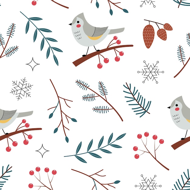 Seamless pattern with elements of a winter forest and a bird tit on a white background Aesthetic vector illustration with branches fir branches and berries Cute gentle style