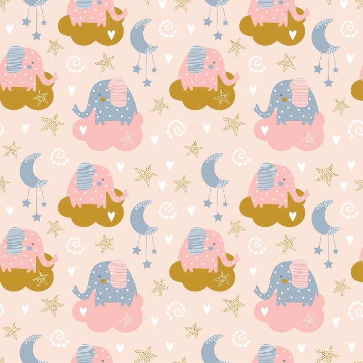 Seamless pattern with elephant and cloud in the sky.  Creative kids hand drawn for fabric, wrapping, textile, wallpaper, apparel.