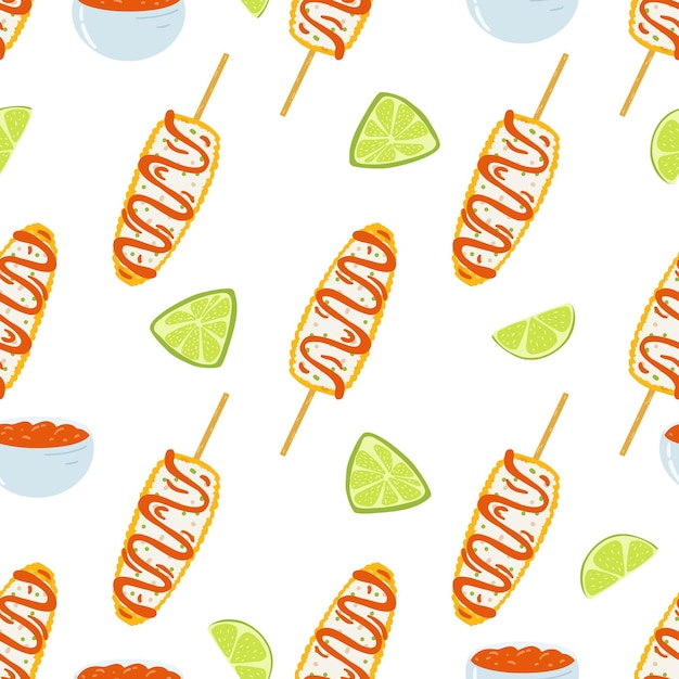 Seamless pattern with elote dish Traditional Mexican food folk cuisine Vector background with grilled corn