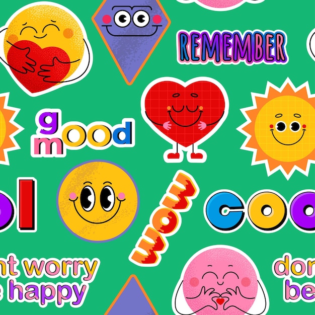 Seamless pattern with emoji pins stamps stickers different phrases and words vector illustrations