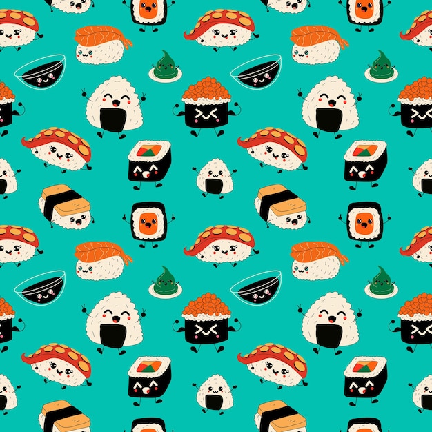 Vector seamless pattern with emoji sushi characters.cartoon japanese food. vector set